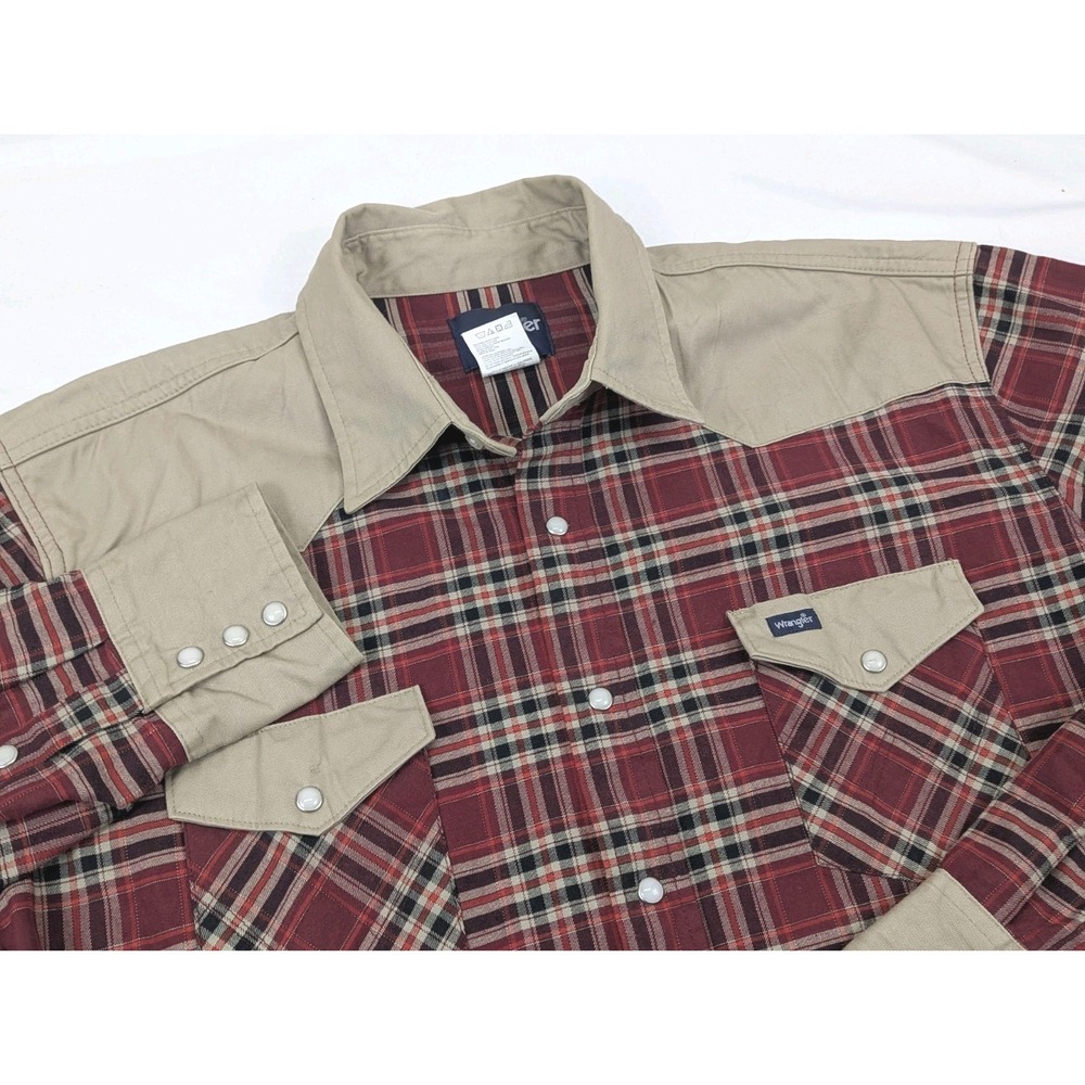 Vintage Wrangler Shirt Mens 2X Red Plaid Tan Brushpopper Pearl Snap Western - Picture 2 of 10